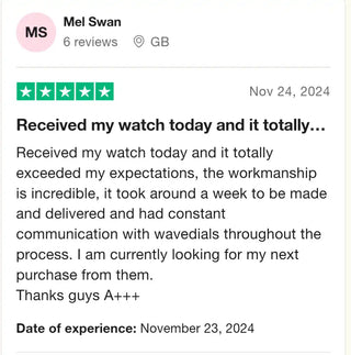 5-star customer review for a watch purchase from Wavedials.