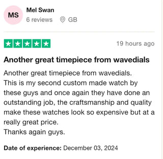 5-star review of a custom-made Wavedials timepiece.