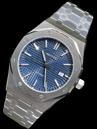 Stainless steel Audemars Piguet Royal Oak watch with a blue textured dial.