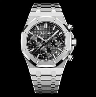 Stainless steel Seiko chronograph watch with a black dial and integrated bracelet.